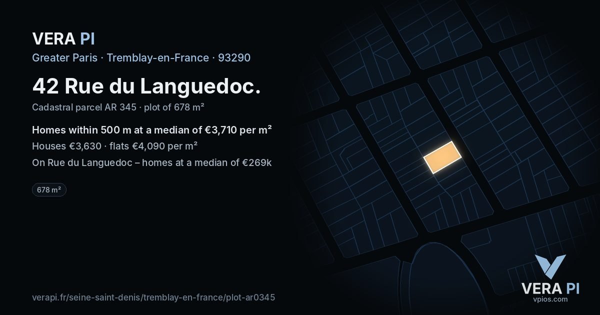42 Rue du Languedoc, Tremblay-en-France at night – the plot lit, the parcels around coloured by the prices near them