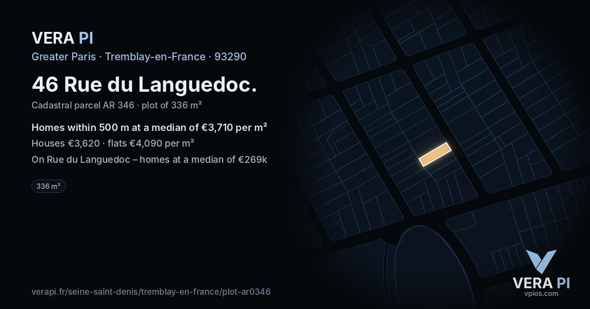 46 Rue du Languedoc, Tremblay-en-France at night – the plot lit, the parcels around coloured by the prices near them