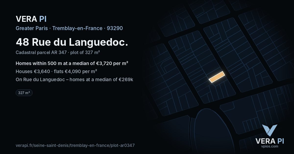 48 Rue du Languedoc, Tremblay-en-France at night – the plot lit, the parcels around coloured by the prices near them