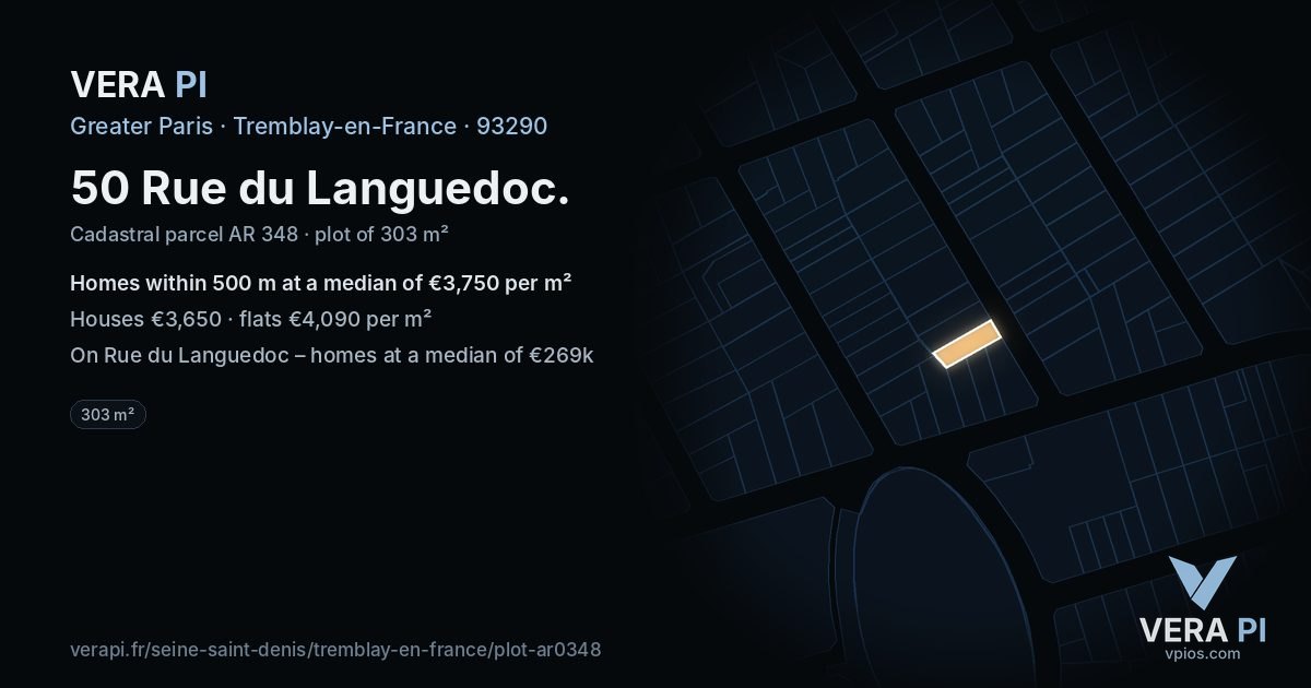 50 Rue du Languedoc, Tremblay-en-France at night – the plot lit, the parcels around coloured by the prices near them