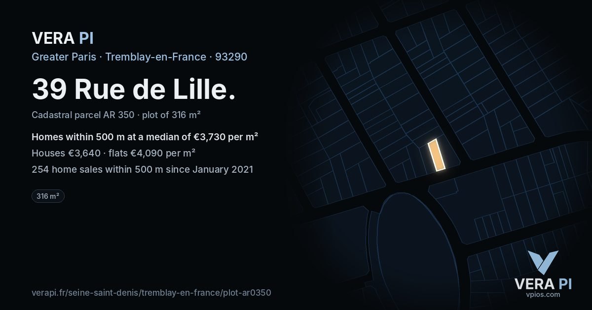 39 Rue de Lille, Tremblay-en-France at night – the plot lit, the parcels around coloured by the prices near them