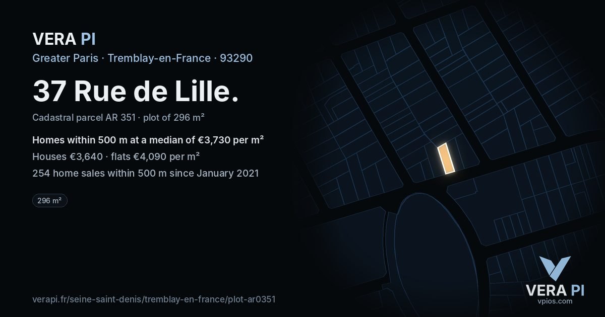 37 Rue de Lille, Tremblay-en-France at night – the plot lit, the parcels around coloured by the prices near them
