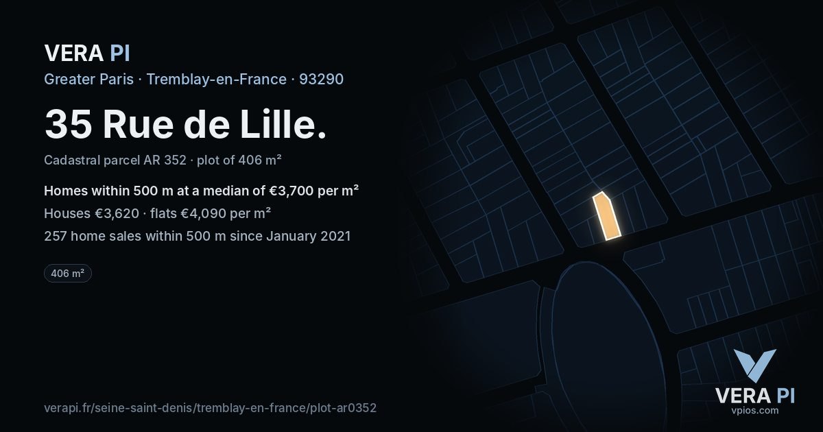 35 Rue de Lille, Tremblay-en-France at night – the plot lit, the parcels around coloured by the prices near them