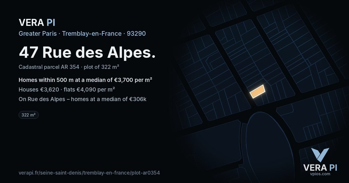 47 Rue des Alpes, Tremblay-en-France at night – the plot lit, the parcels around coloured by the prices near them