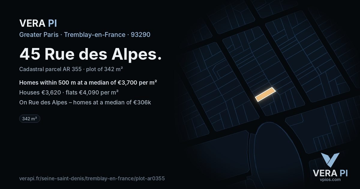 45 Rue des Alpes, Tremblay-en-France at night – the plot lit, the parcels around coloured by the prices near them