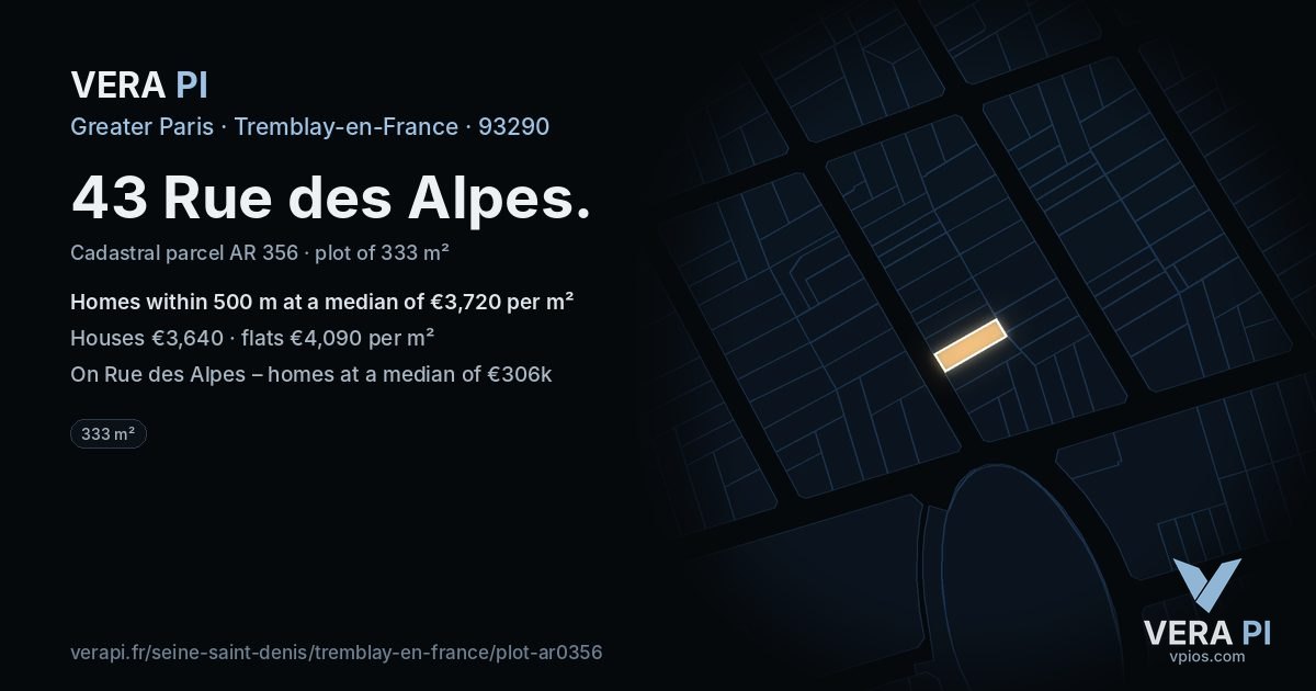 43 Rue des Alpes, Tremblay-en-France at night – the plot lit, the parcels around coloured by the prices near them