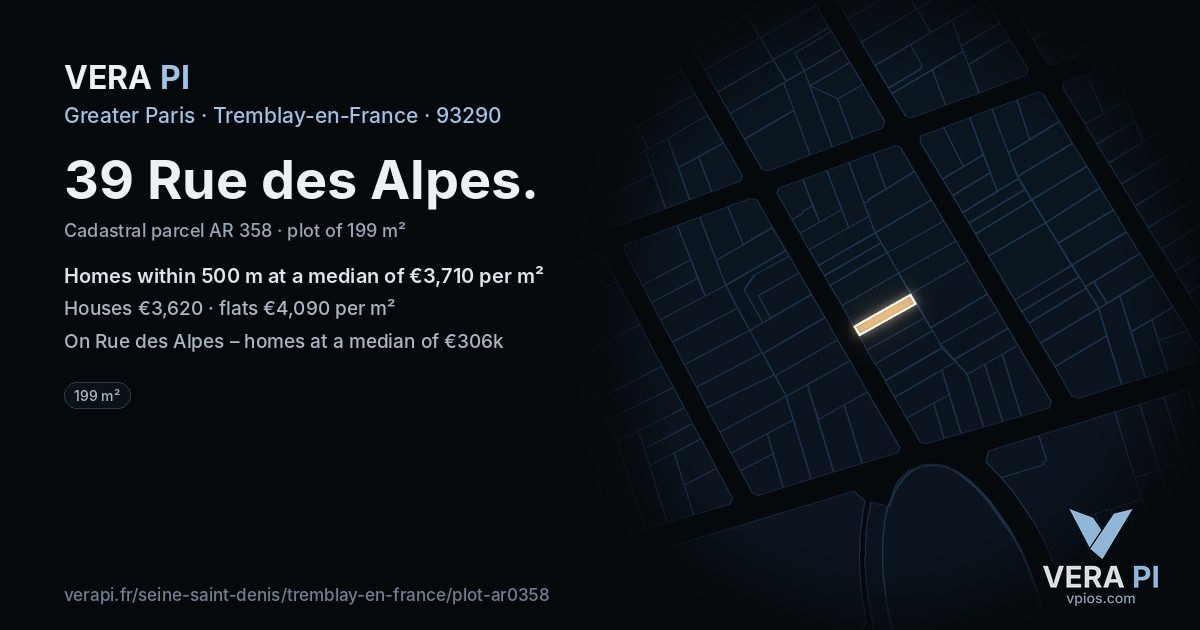 39 Rue des Alpes, Tremblay-en-France at night – the plot lit, the parcels around coloured by the prices near them