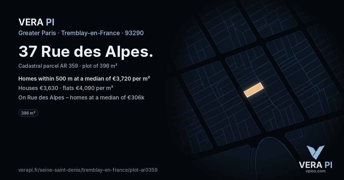 37 Rue des Alpes, Tremblay-en-France at night – the plot lit, the parcels around coloured by the prices near them