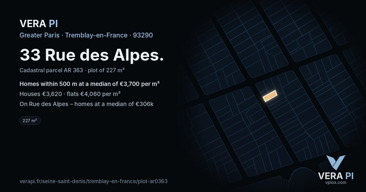 33 Rue des Alpes, Tremblay-en-France at night – the plot lit, the parcels around coloured by the prices near them