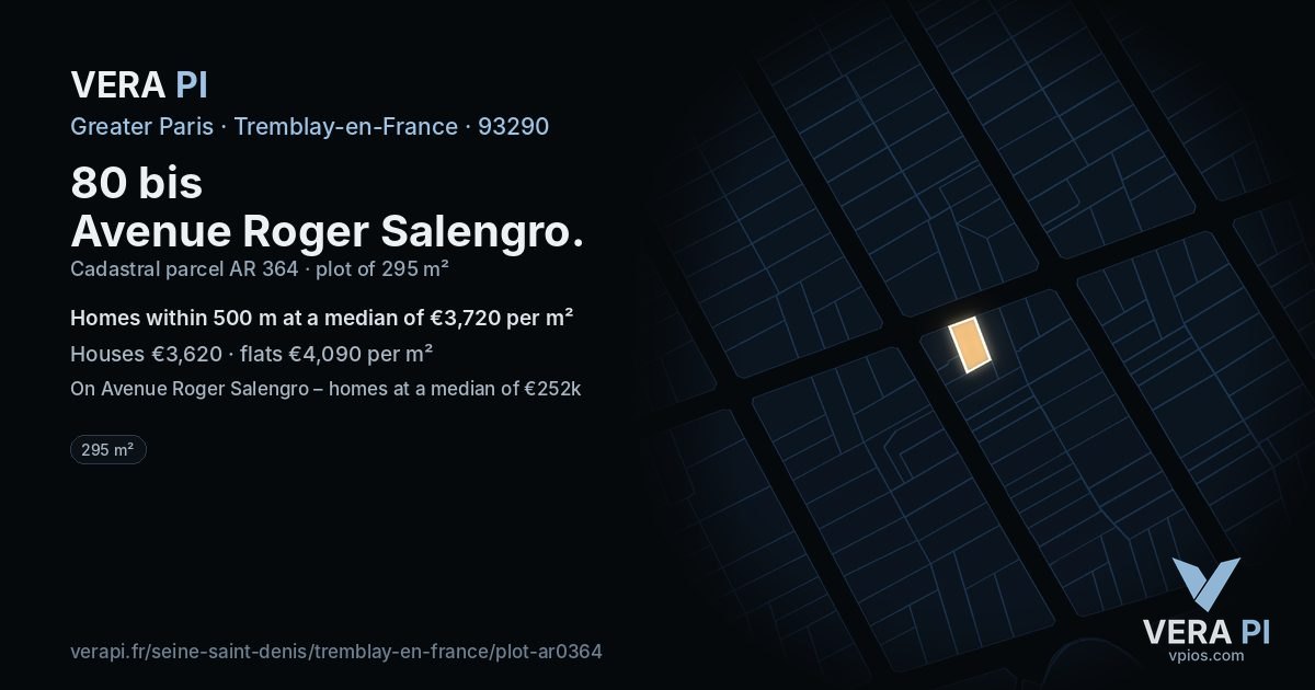 80 bis Avenue Roger Salengro, Tremblay-en-France at night – the plot lit, the parcels around coloured by the prices near them