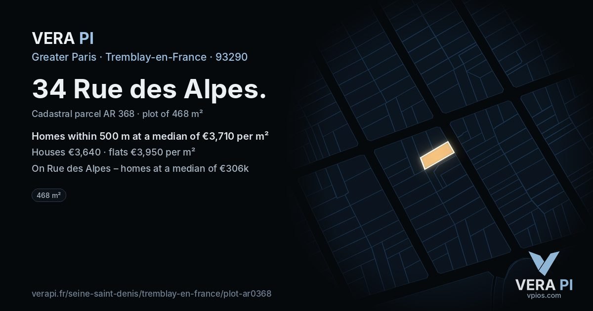 34 Rue des Alpes, Tremblay-en-France at night – the plot lit, the parcels around coloured by the prices near them