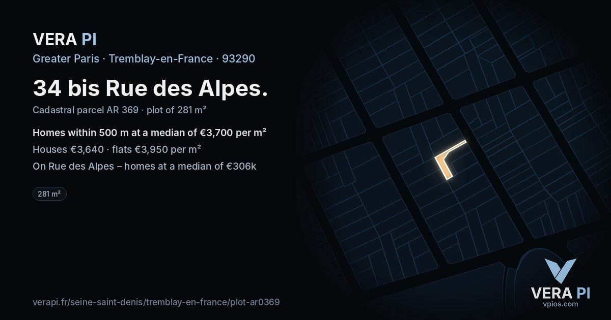 34 bis Rue des Alpes, Tremblay-en-France at night – the plot lit, the parcels around coloured by the prices near them