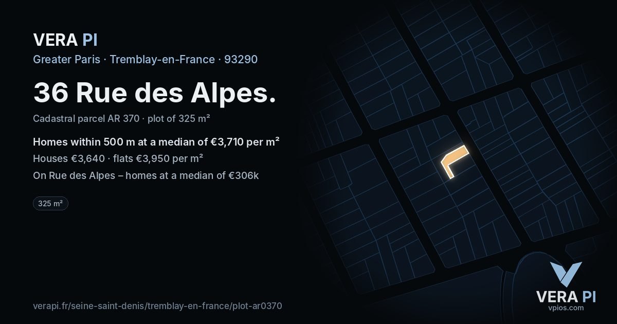 36 Rue des Alpes, Tremblay-en-France at night – the plot lit, the parcels around coloured by the prices near them
