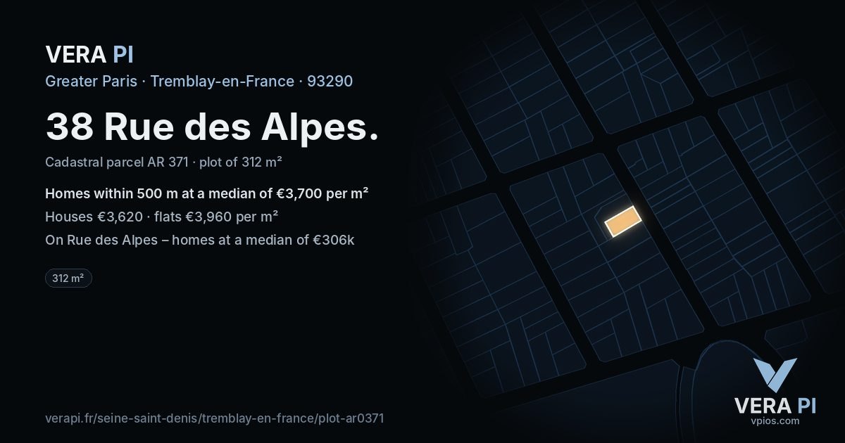38 Rue des Alpes, Tremblay-en-France at night – the plot lit, the parcels around coloured by the prices near them