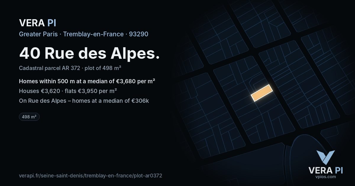 40 Rue des Alpes, Tremblay-en-France at night – the plot lit, the parcels around coloured by the prices near them