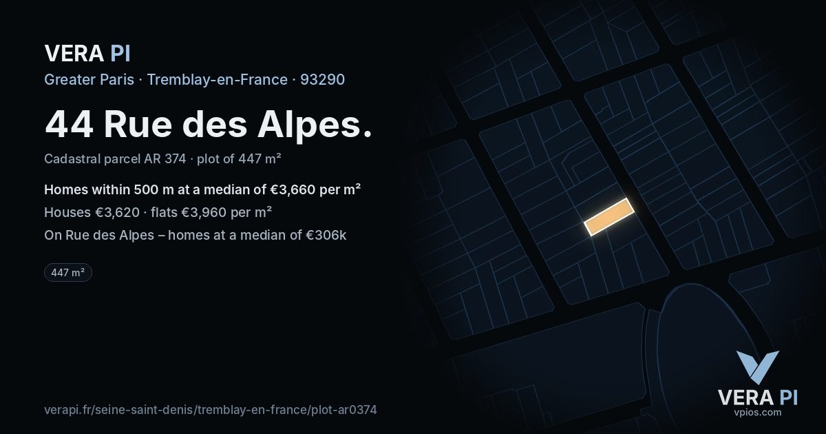 44 Rue des Alpes, Tremblay-en-France at night – the plot lit, the parcels around coloured by the prices near them