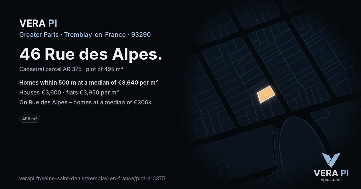 46 Rue des Alpes, Tremblay-en-France at night – the plot lit, the parcels around coloured by the prices near them