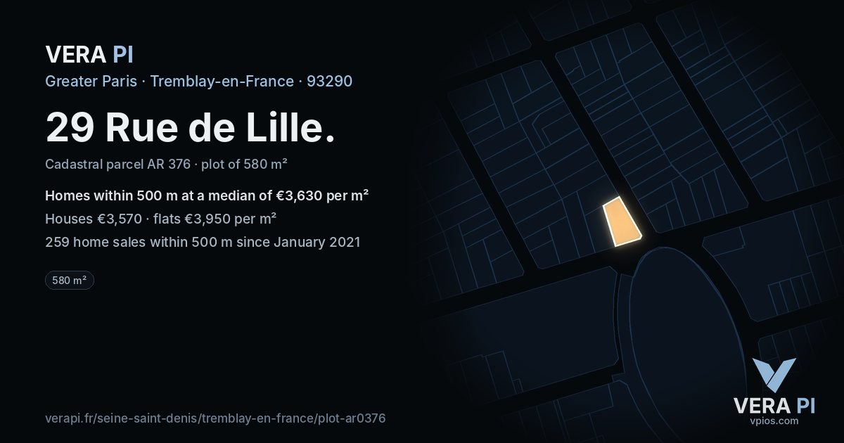 29 Rue de Lille, Tremblay-en-France at night – the plot lit, the parcels around coloured by the prices near them