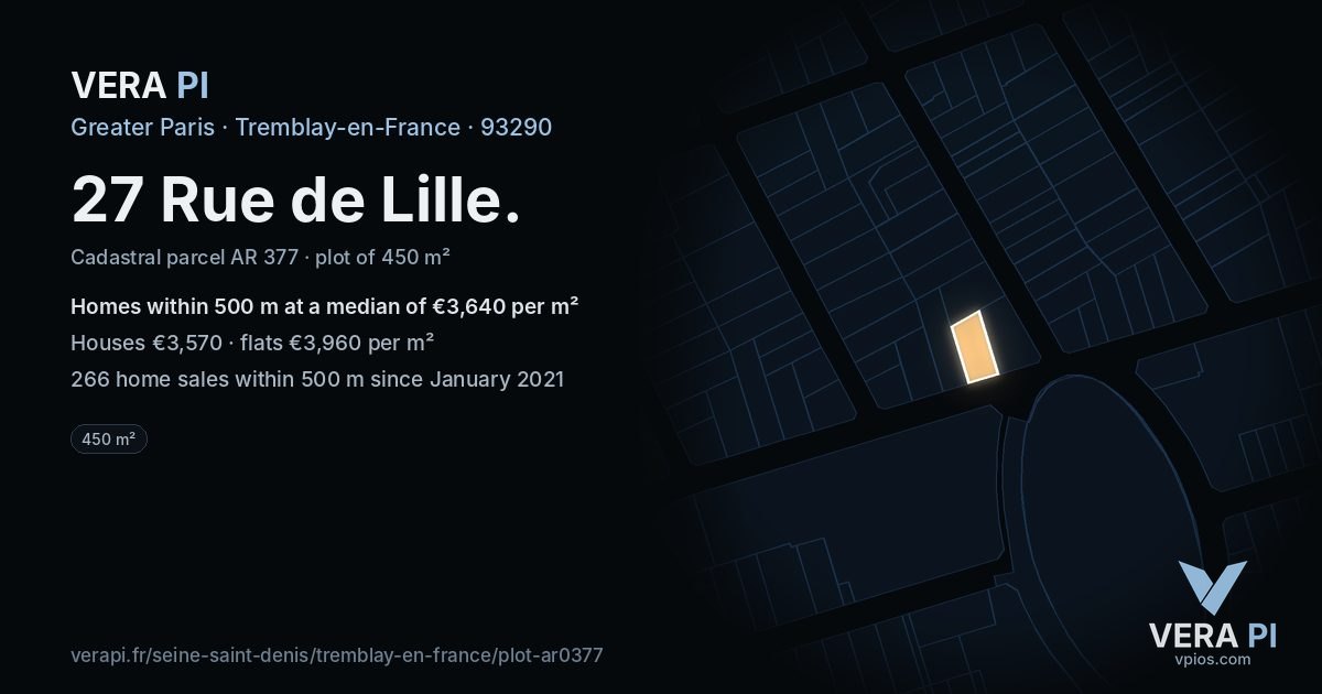 27 Rue de Lille, Tremblay-en-France at night – the plot lit, the parcels around coloured by the prices near them