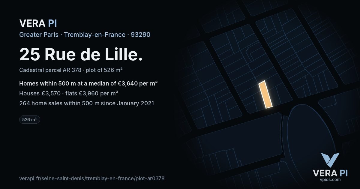 25 Rue de Lille, Tremblay-en-France at night – the plot lit, the parcels around coloured by the prices near them