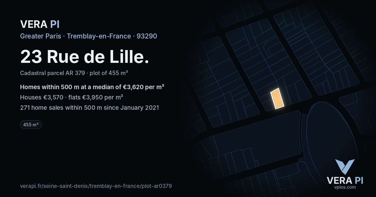 23 Rue de Lille, Tremblay-en-France at night – the plot lit, the parcels around coloured by the prices near them
