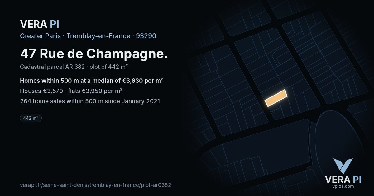 47 Rue de Champagne, Tremblay-en-France at night – the plot lit, the parcels around coloured by the prices near them