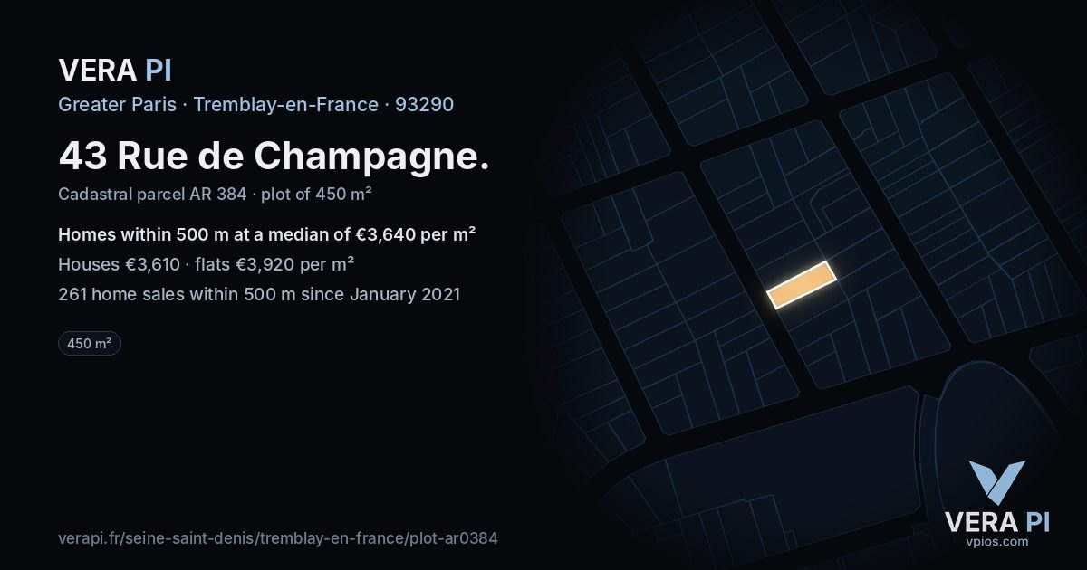 43 Rue de Champagne, Tremblay-en-France at night – the plot lit, the parcels around coloured by the prices near them