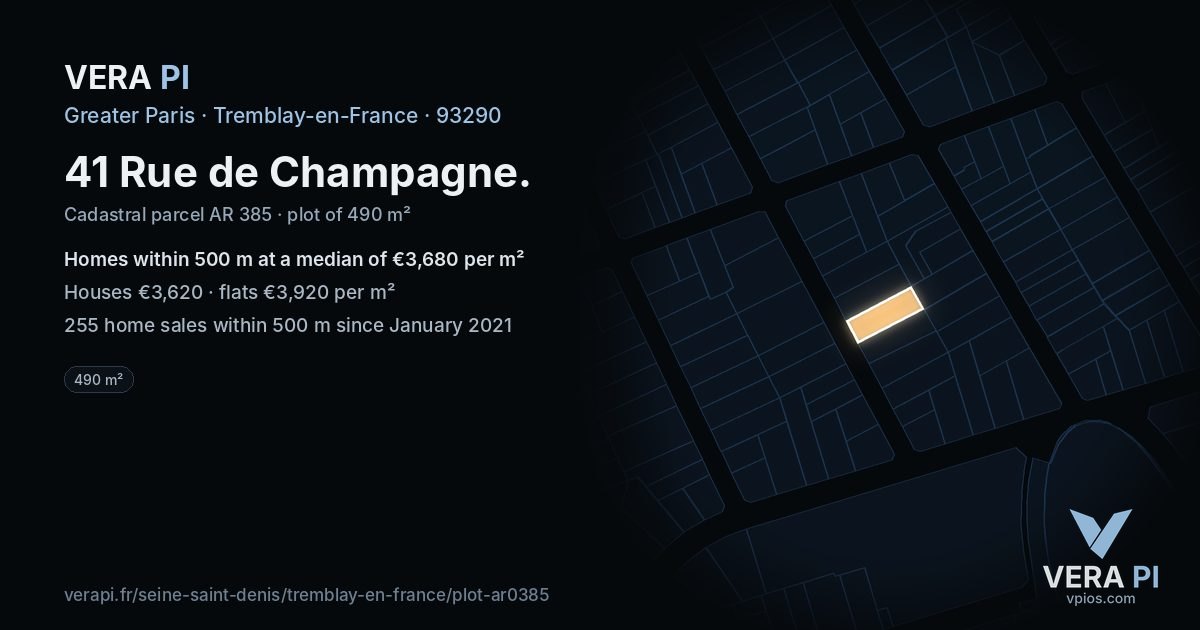41 Rue de Champagne, Tremblay-en-France at night – the plot lit, the parcels around coloured by the prices near them