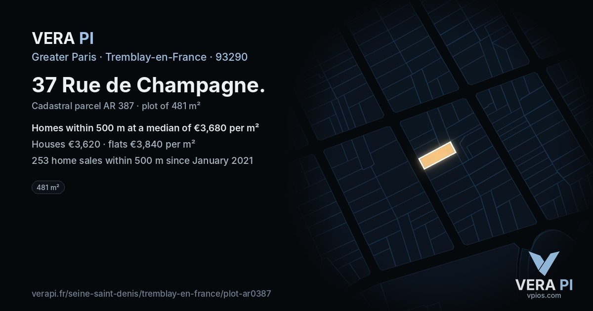 37 Rue de Champagne, Tremblay-en-France at night – the plot lit, the parcels around coloured by the prices near them
