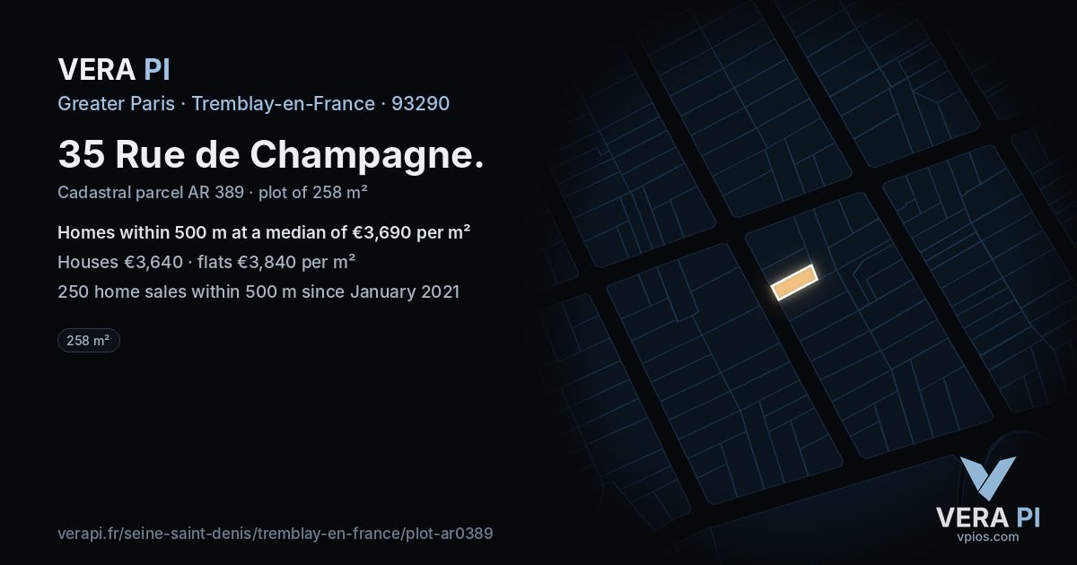 35 Rue de Champagne, Tremblay-en-France at night – the plot lit, the parcels around coloured by the prices near them