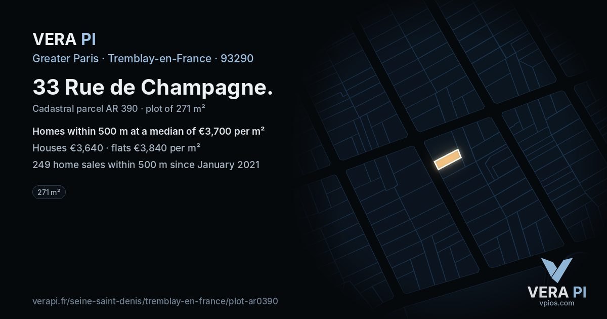 33 Rue de Champagne, Tremblay-en-France at night – the plot lit, the parcels around coloured by the prices near them