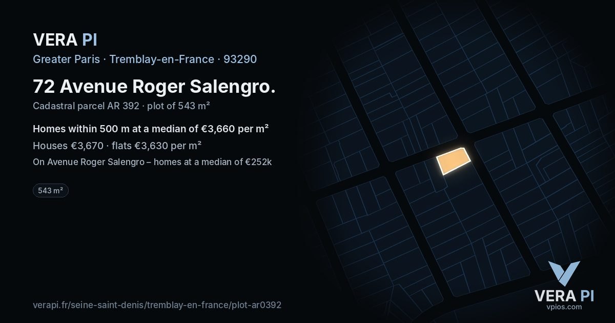 72 Avenue Roger Salengro, Tremblay-en-France at night – the plot lit, the parcels around coloured by the prices near them