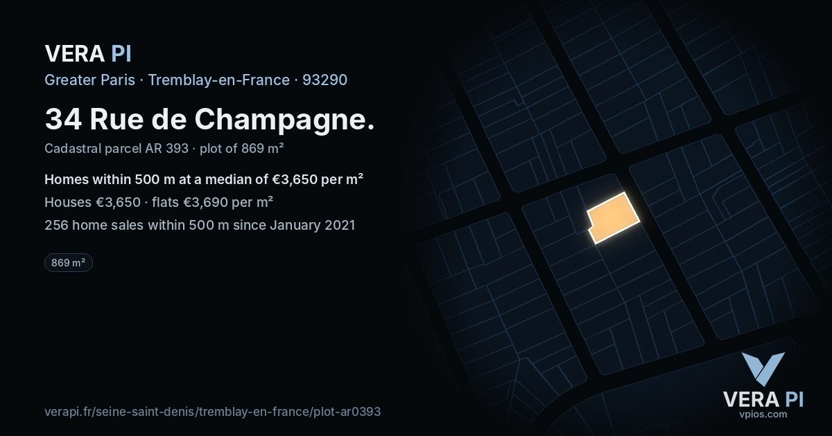 34 Rue de Champagne, Tremblay-en-France at night – the plot lit, the parcels around coloured by the prices near them