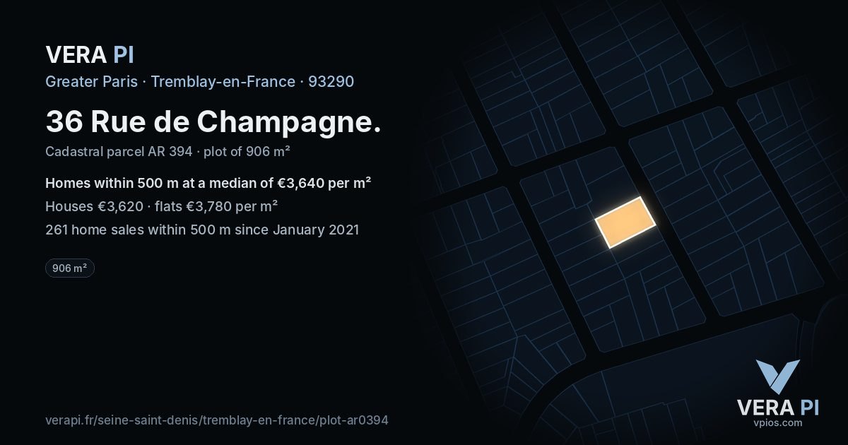 36 Rue de Champagne, Tremblay-en-France at night – the plot lit, the parcels around coloured by the prices near them