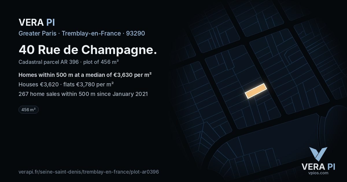 40 Rue de Champagne, Tremblay-en-France at night – the plot lit, the parcels around coloured by the prices near them