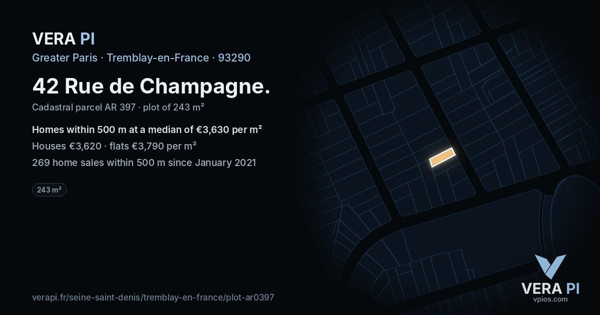 42 Rue de Champagne, Tremblay-en-France at night – the plot lit, the parcels around coloured by the prices near them