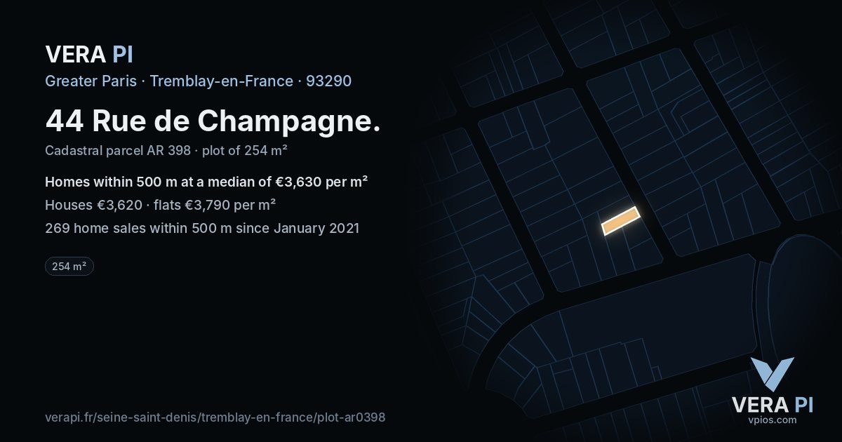 44 Rue de Champagne, Tremblay-en-France at night – the plot lit, the parcels around coloured by the prices near them