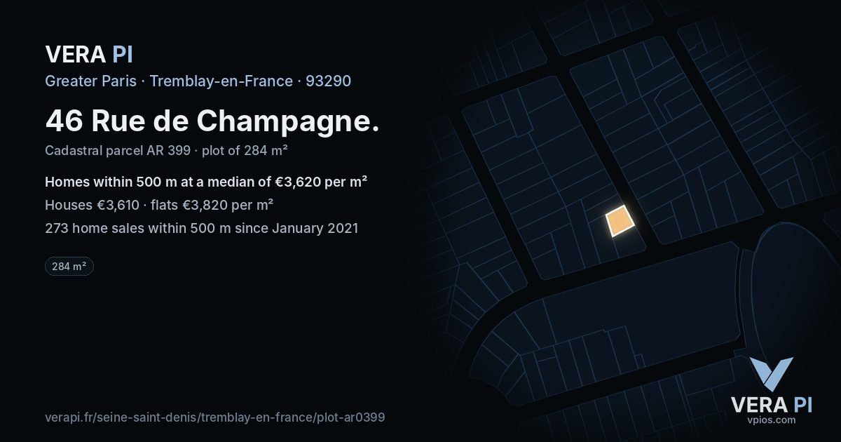 46 Rue de Champagne, Tremblay-en-France at night – the plot lit, the parcels around coloured by the prices near them