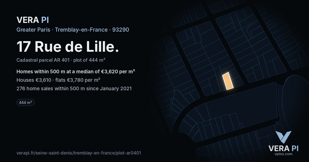 17 Rue de Lille, Tremblay-en-France at night – the plot lit, the parcels around coloured by the prices near them