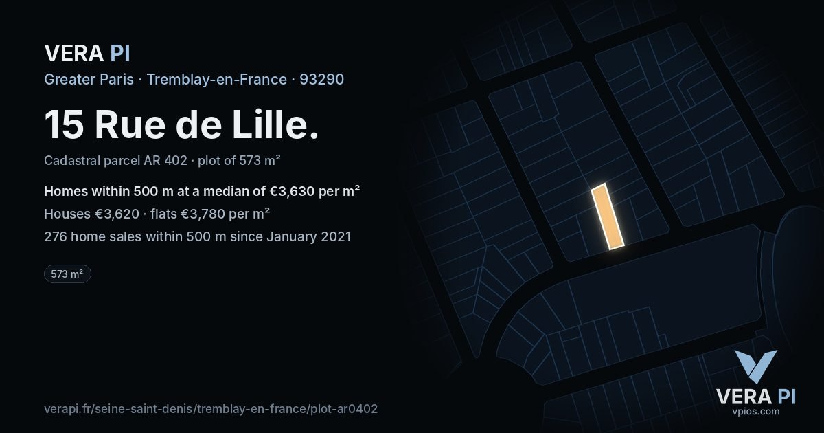 15 Rue de Lille, Tremblay-en-France at night – the plot lit, the parcels around coloured by the prices near them