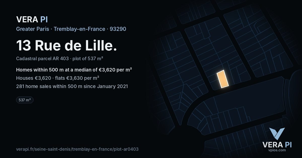 13 Rue de Lille, Tremblay-en-France at night – the plot lit, the parcels around coloured by the prices near them