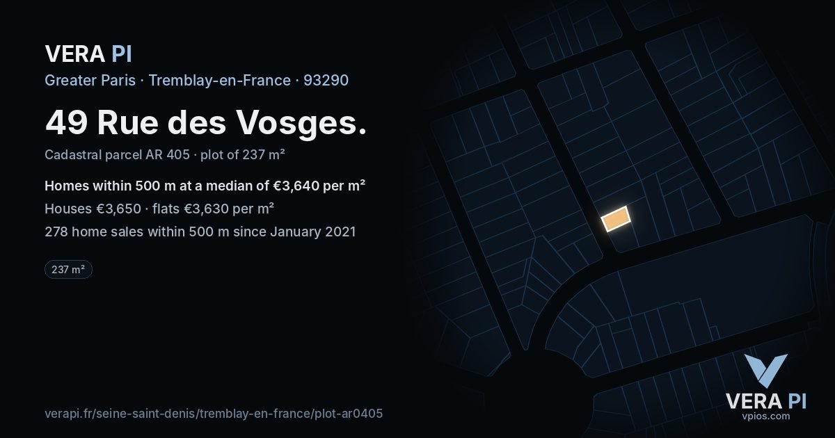 49 Rue des Vosges, Tremblay-en-France at night – the plot lit, the parcels around coloured by the prices near them