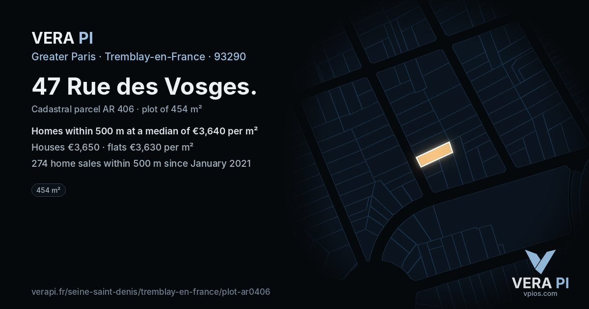 47 Rue des Vosges, Tremblay-en-France at night – the plot lit, the parcels around coloured by the prices near them