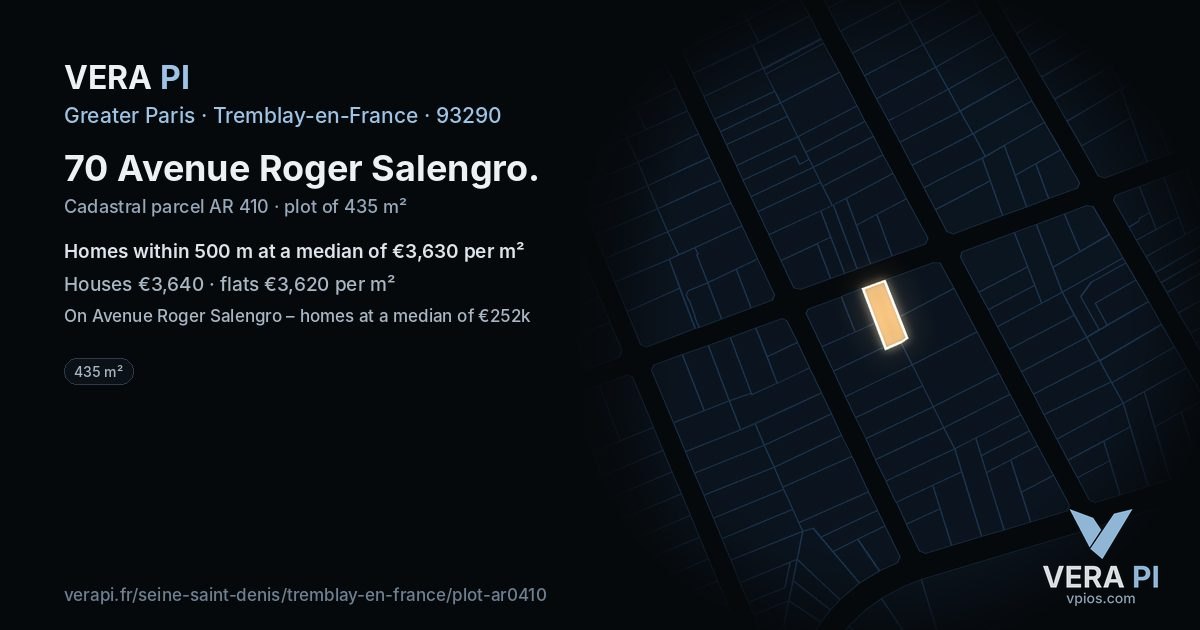70 Avenue Roger Salengro, Tremblay-en-France at night – the plot lit, the parcels around coloured by the prices near them