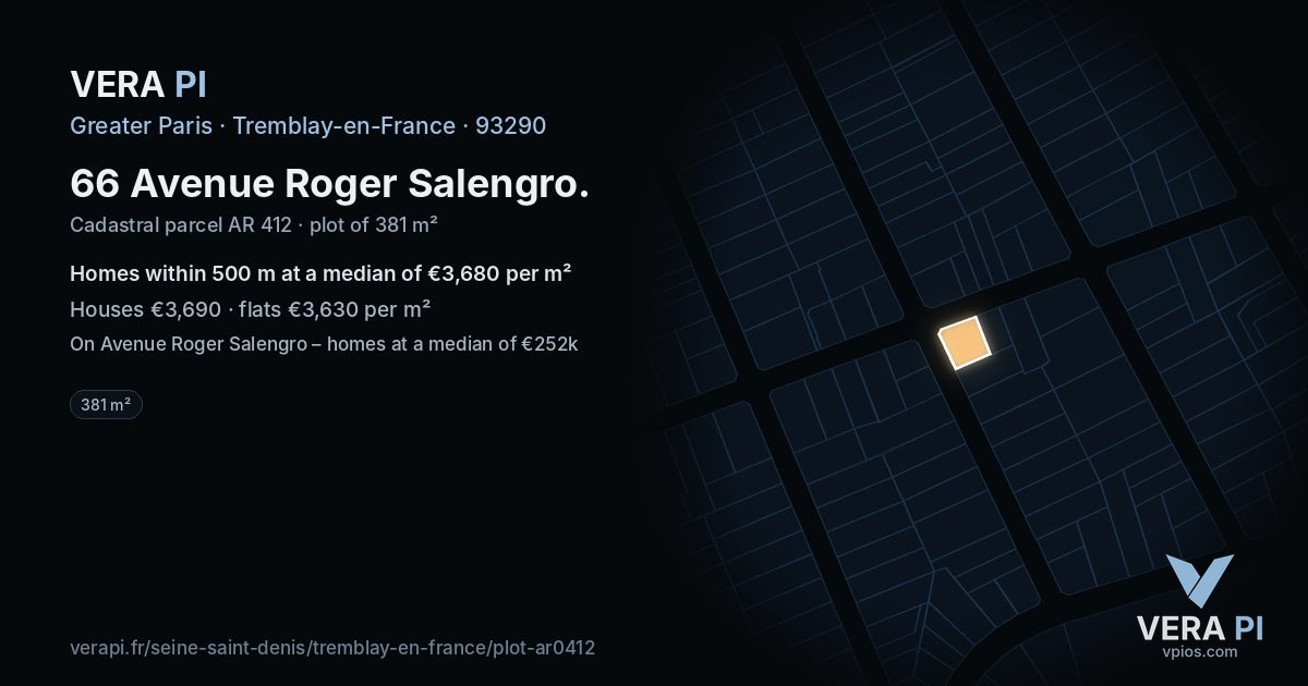 66 Avenue Roger Salengro, Tremblay-en-France at night – the plot lit, the parcels around coloured by the prices near them