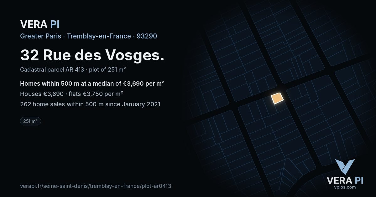 32 Rue des Vosges, Tremblay-en-France at night – the plot lit, the parcels around coloured by the prices near them