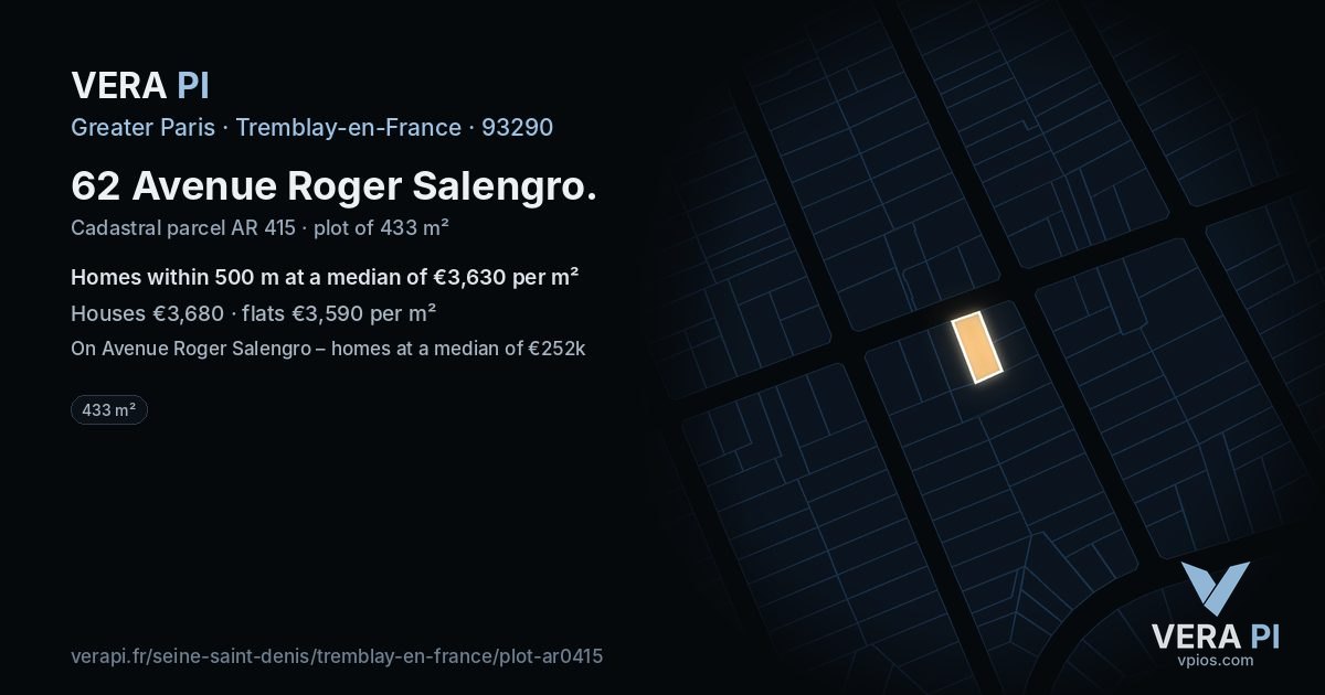 62 Avenue Roger Salengro, Tremblay-en-France at night – the plot lit, the parcels around coloured by the prices near them