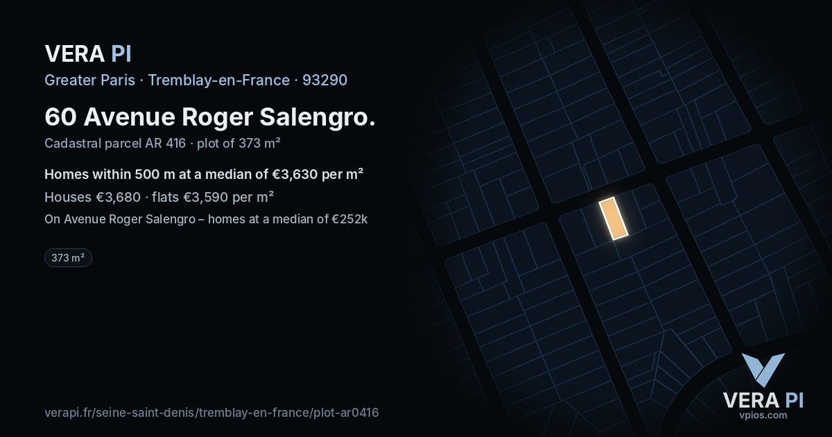60 Avenue Roger Salengro, Tremblay-en-France at night – the plot lit, the parcels around coloured by the prices near them