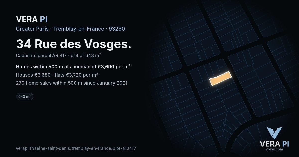 34 Rue des Vosges, Tremblay-en-France at night – the plot lit, the parcels around coloured by the prices near them