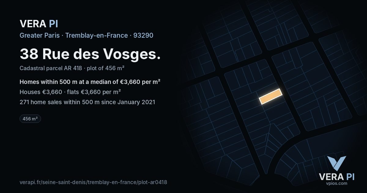 38 Rue des Vosges, Tremblay-en-France at night – the plot lit, the parcels around coloured by the prices near them